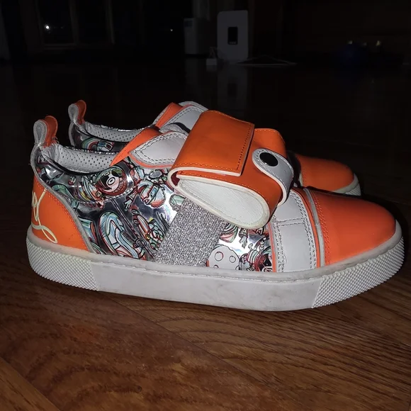 Christian Louboutin Kids' Orange and White Sneakers with Silver Accents - Picture 2 of 10